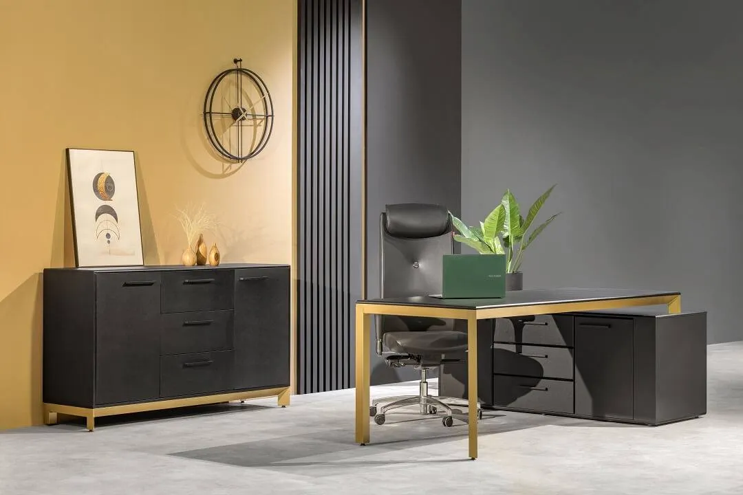 میز مدیریت MDF کد M106 ال پایه فلزی قابل سفارش در ابعاد و رنگ های مختلف